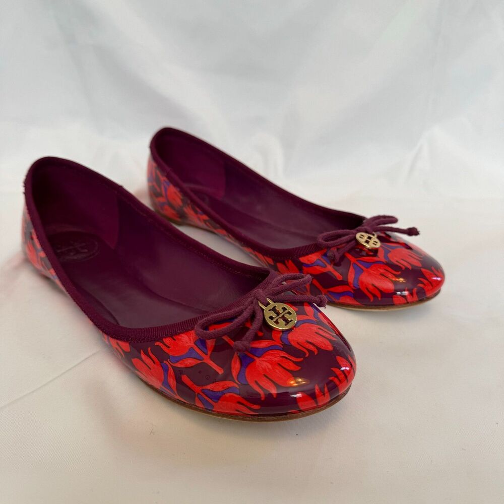 Tory Burch Purple and Red Patent Leather Floral Ballerina Flats Size 8.5 - Picture 2 of 7